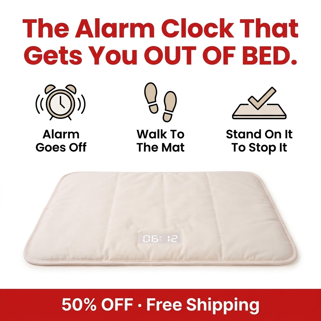 Cream quilted padded floor mat beside a bed with a glowing LED display reading 06:12, bare feet stepping onto it